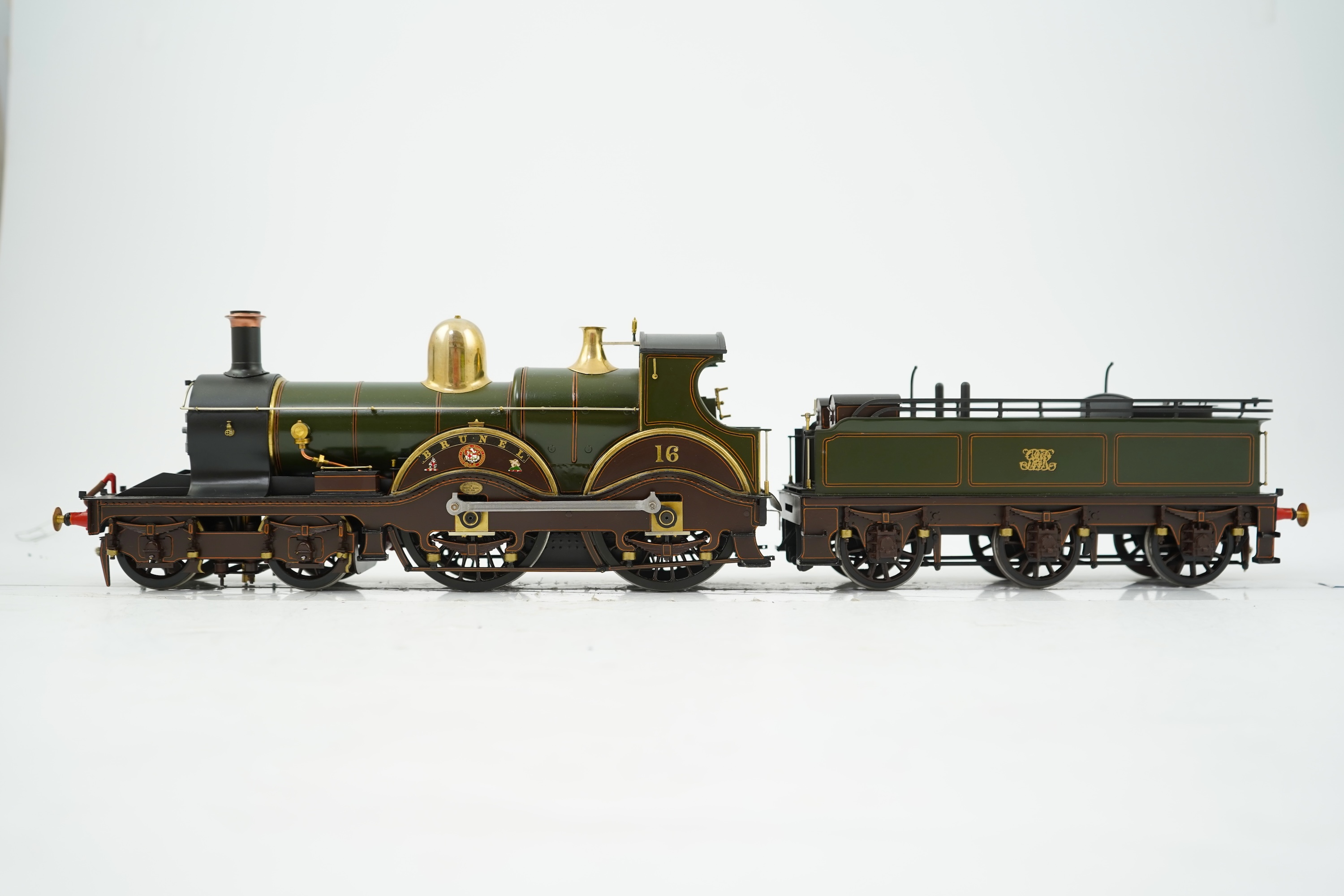 A Gauge One model of GWR Armstrong Class, Brunel 16, 4-4-0 tender locomotive, constructed, painted and lined to a very high standard and left unpowered to allow room for the detailed fire box.